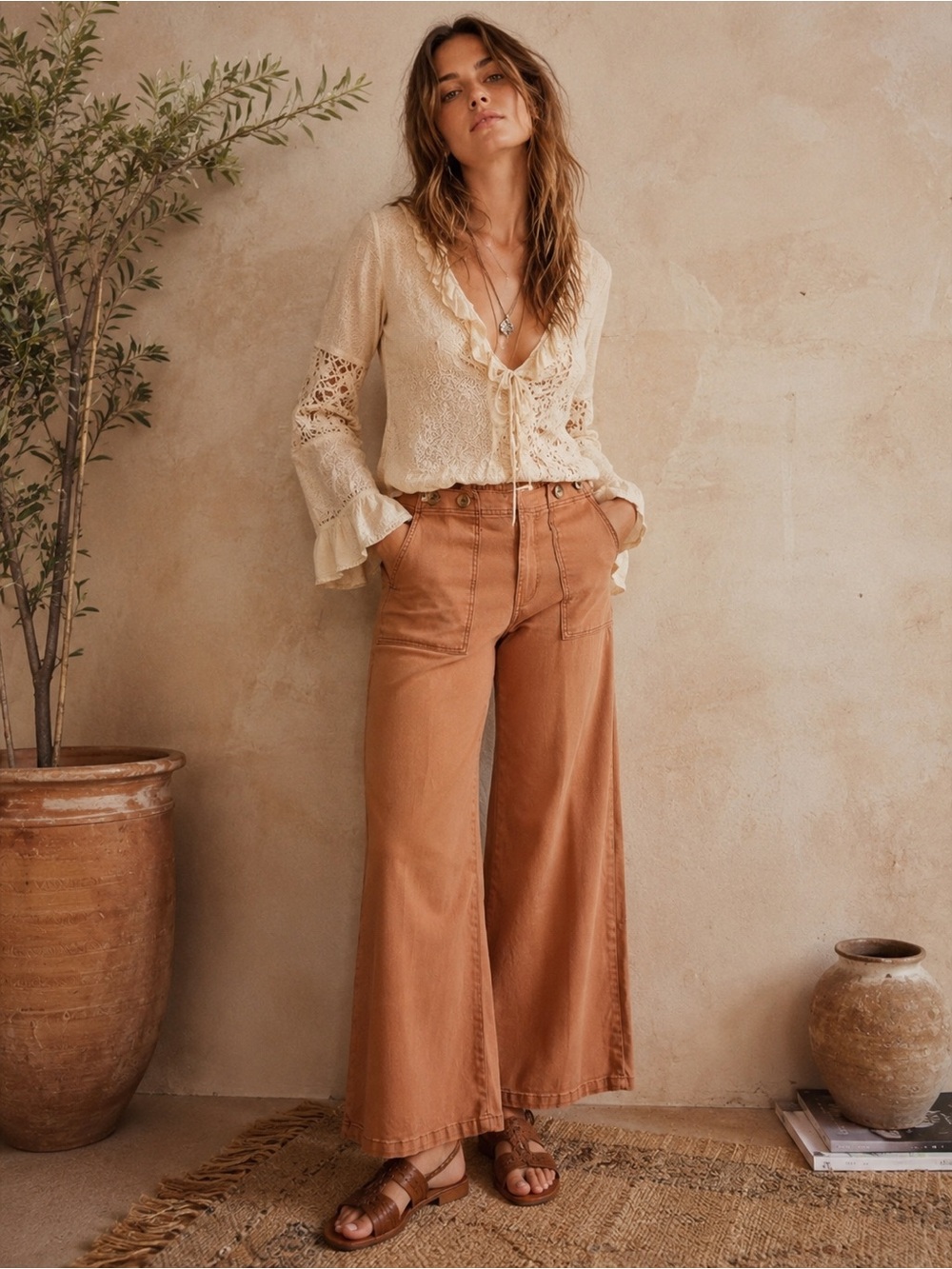 Kensie Wide Leg Pants in Camel Brown